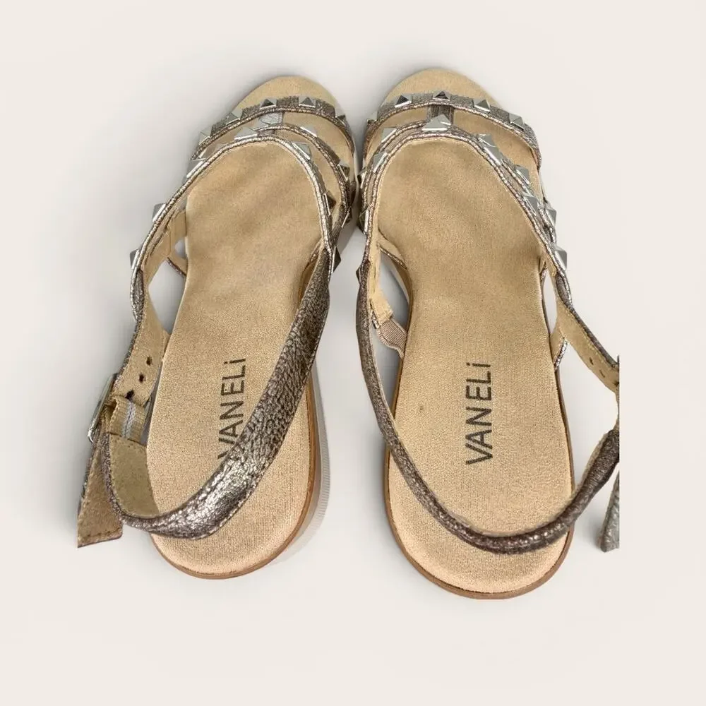 VANELi 7M Coley Metallic Gold Leather Comfort Studded Strappy Wedge Sandals